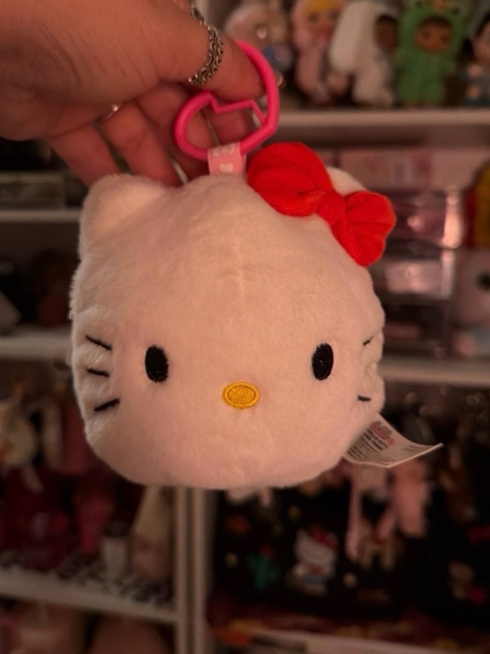 Hello Kitty White Plush Keychain with Red Bow and Pink Clip